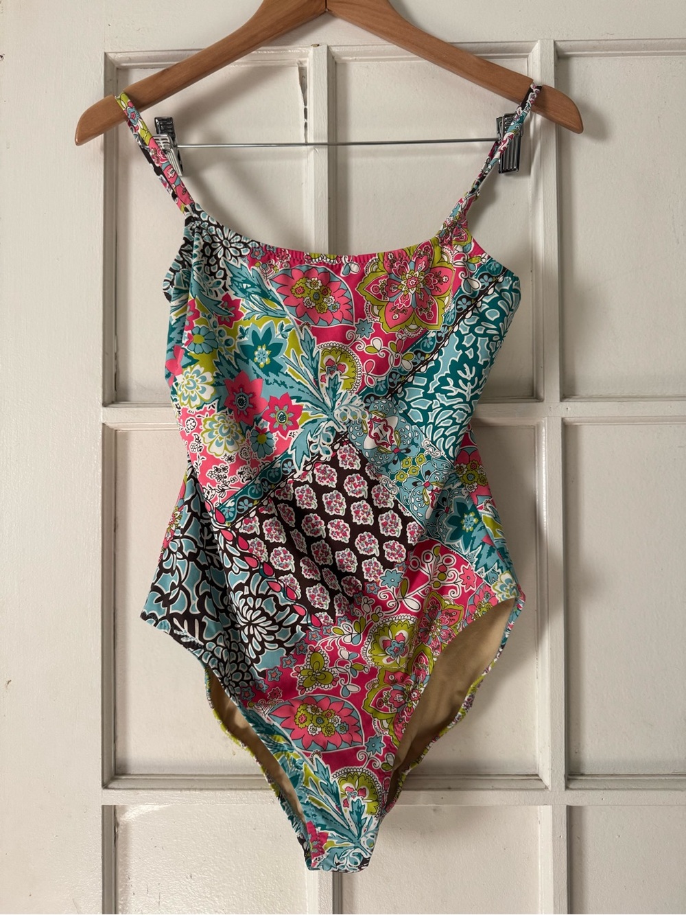 Womans Floral Patchwork One-Piece Swimsuit - Pink & Teal